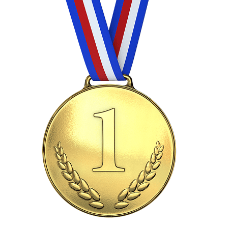 A gold medal with the number 1 on it